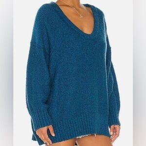 Free People Deep Blue Brookside Tunic V-Neck Sweater